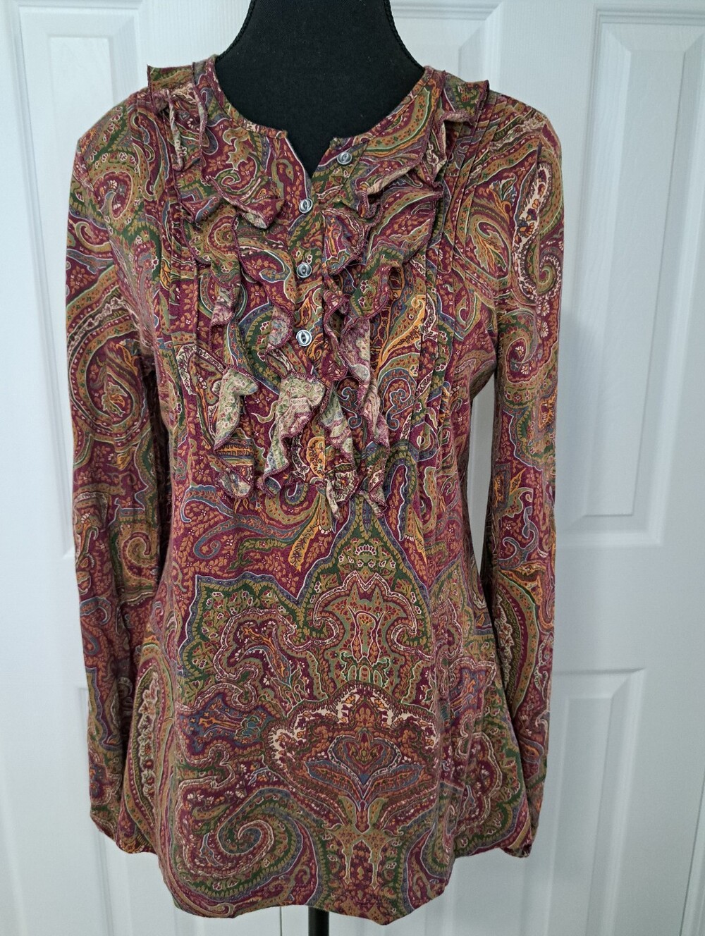 Vintage Lauren Ralph Lauren Paisley Ruffle Knit Top Boho Medium Cotton Fall Boho